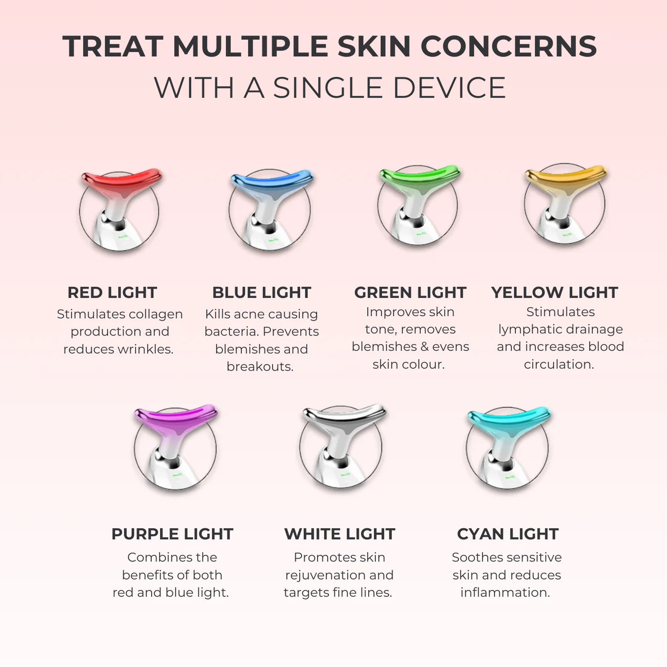 LED facial sculptor showing red, blue, green, yellow, purple, white, and cyan light therapy modes with skin benefits