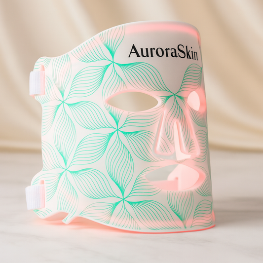 AuroraSkin device with green leaf pattern on a beige background