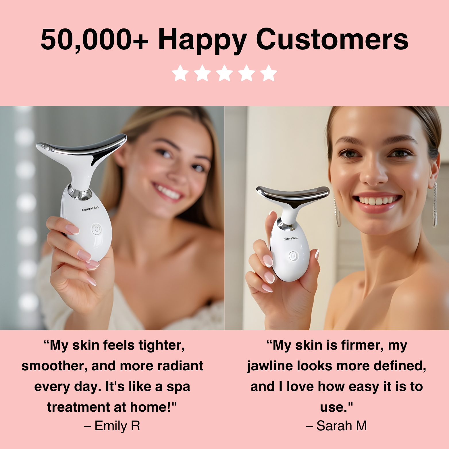 Happy customers using AuroraSkin LED facial tool with testimonials and 5-star reviews