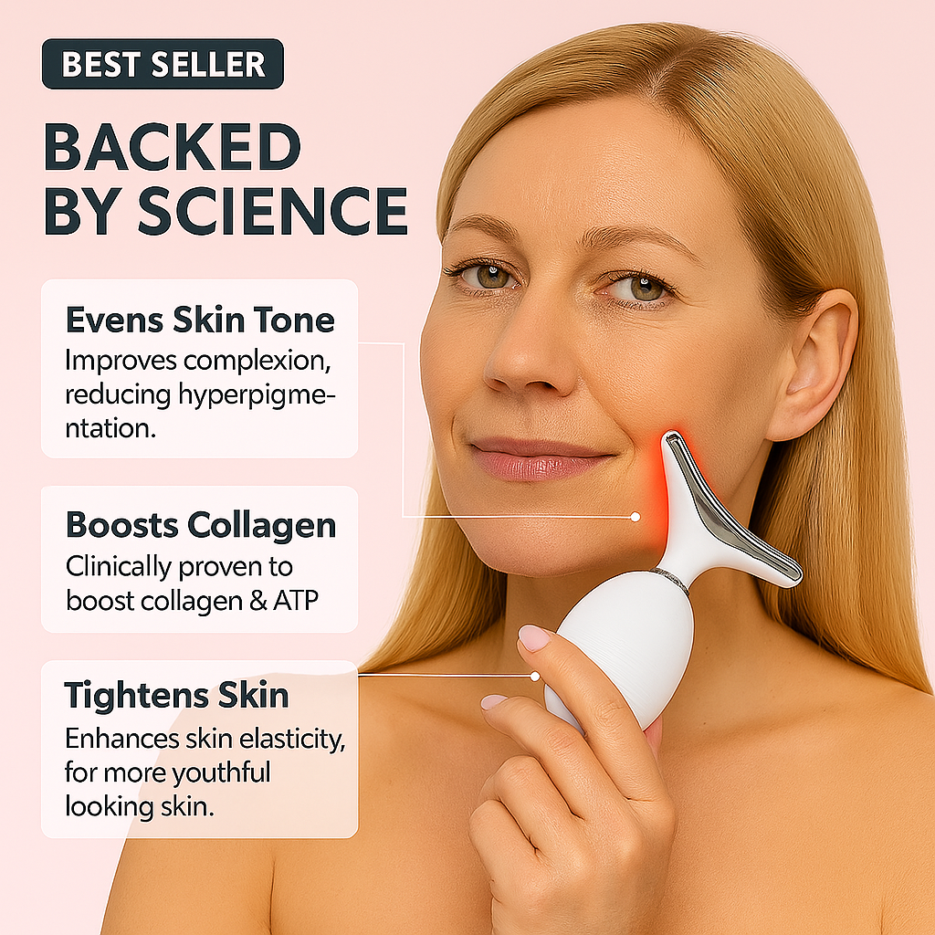 Woman using LED facial sculptor with callouts highlighting collagen boost, skin tightening, and even tone benefits