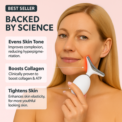 Woman using LED facial sculptor with callouts highlighting collagen boost, skin tightening, and even tone benefits