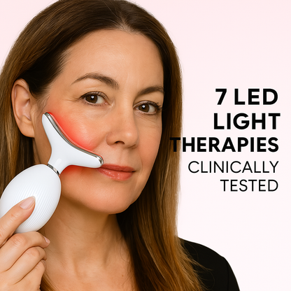 Woman using red light therapy with AuroraSkin facial sculptor, clinically tested skincare device